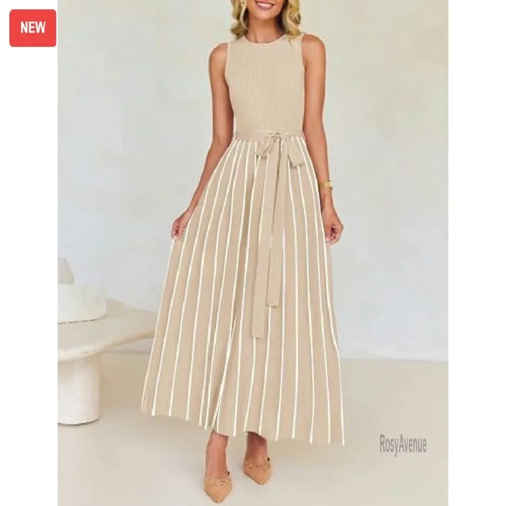 Sleeveless Maxi Dress Ribbed Knit Tie Waist A-Line Summer Casual